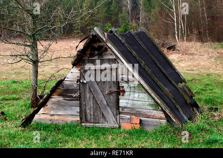 Abri rustique en bois au milieu d'un champ par la forêt. Banque D'Images