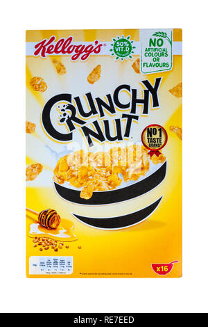 Boîte de céréales Kelloggs Crunchy Nut, céréales pour petit déjeuner isolées sur fond blanc, flocons de miel et de noix - céréales Kelloggs céréales Kellogg Banque D'Images