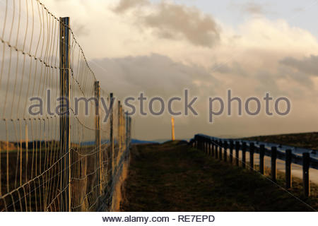 Lumière du soir sur une clôture entre la route et la ligne de chemin de fer en Bavière, Allemagne Banque D'Images