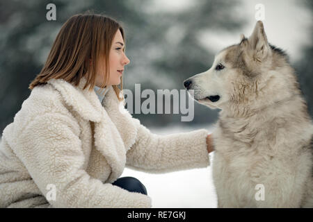 Portrait d'une jeune fille à côté d'un chien malamute d'Alaska pour une promenade en hiver. Banque D'Images