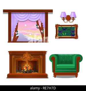 Ensemble d'éléments d'intérieur isolé sur fond blanc. Applique murale en bois, fenêtre, cheminée, collection de papillons. Cartoon Vector illustration close-up. Illustration de Vecteur
