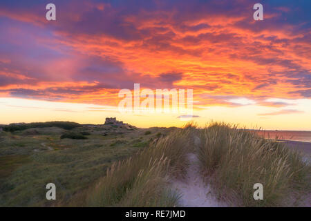 Château de Bamburgh au coucher du soleil à plus de dunes du côté du sud Banque D'Images