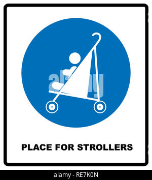 Place aux poussettes signe. Icône obligatoire bleu isolé sur blanc. illustration. Symbole d'informations. Entrée privée pour les mères avec enfants. Banque D'Images