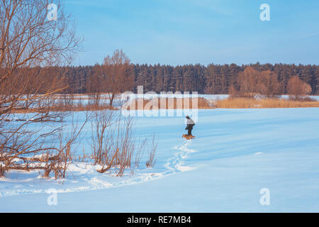 Homme marchant avec chien sur le lac gelé retour à l'appareil photo Banque D'Images