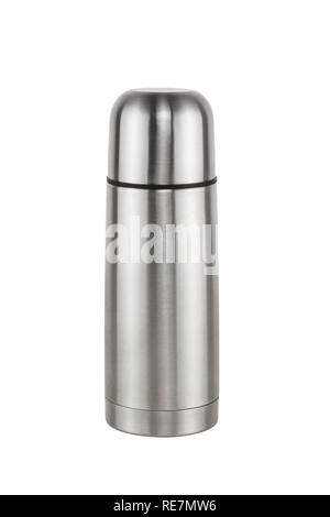 Bouteille thermos en acier inoxydable billet sur fond blanc Banque D'Images