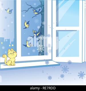 Affiche une fenêtre ouverte en hiver. Flocons voler dans la fenêtre et les oiseaux veulent se lancer dans une pièce chaude à partir d'une rue froide. Un chat est assis sur le windowsi Illustration de Vecteur