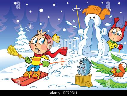 L'illustration montre les enfants des collines de ski en hiver et le bonhomme de neige. En fait l'illustration cartoon style. Illustration de Vecteur