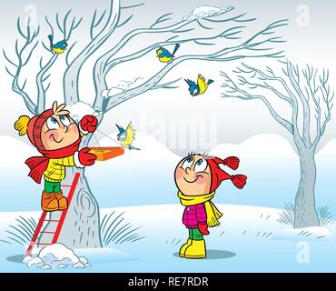 L'illustration montre comment un garçon et une fille nourrir les oiseaux en hiver. En fait l'illustration cartoon style, sur des calques distincts. Illustration de Vecteur