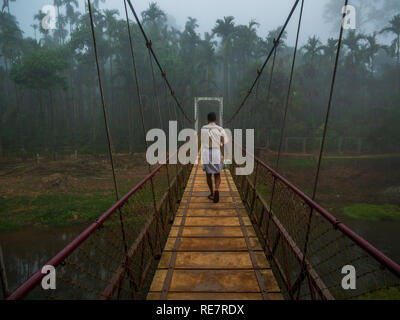 Chikmagalur, Inde- le 21 décembre 2018, l'Inde du Sud : un homme marchant dans Lungi traditionnel sur un pont suspendu entouré d'arbres sur les noix de bétel a foggy Banque D'Images