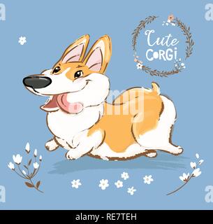 Corgi Chien excité vecteur la langue de l'affiche. Heureux caractère animal Fox à pied en plein air les fleurs. Peu drôle série Doggy gallois sur fond bleu télévision Cartoon Afficher la bannière Illustration de Vecteur