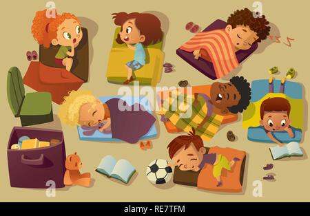 La Sieste à la maternelle d'illustration vectorielle pour enfants. Les enfants d'âge préscolaire sur lit de sommeil multiraciale, Gossip Girl Friend. Petit bébé rêve de caractères dans la chambre. Groupe enfant Quotidien Annexe Illustration de Vecteur