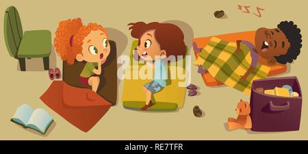 L'heure du coucher classe élémentaire Illustration de caractères. Jardin d'enfants multiraciale la sieste, Gossip Girl Friend. Petit garçon africain sommeil caractère dans le lit. Bébé en maternelle Lire Pyjama Illustration de Vecteur