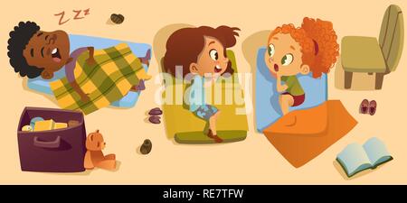 Le temps de sommeil d'âge préscolaire d'illustration vectorielle, bébé. Jardin d'enfants l'heure du coucher, multiraciale Gossip Girl Friend. Petit garçon africain rêve de caractères dans le lit. Classe élémentaire Programme quotidien Illustration de Vecteur