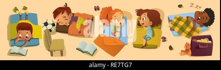 L'heure du coucher classe élémentaire Illustration de caractères. Jardin d'enfants multiraciale la sieste, Gossip Girl Friend. Petit garçon africain sommeil caractère dans le lit. Bébé en maternelle Lire Pyjama Illustration de Vecteur