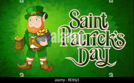 Carte pour la St Patrick Day avec leprechaun dans un costume. Heureux Saint Patricks Day Illustration de Vecteur