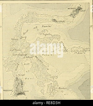 . La terre et ses habitants ... La géographie. L'AUSTRALASIE 220. in. un o-es. Le Latimojoug highlands, qui forment le noyau central, et dont le plus grand débit d'eau, sont l'une des régions les moins connues, et les voyageurs ont jusqu'ici échoué à former une estimation de l'altitude. Selon Schneider l'aire principale, commençant à Le Cap Palos (Donggala) sur la côte ouest, s'étend au sud-est vers la montagne, Latimojong au-delà de laquelle il traverse Fig. 91.-régions explorées op les Célèbes. L'échelle 1 : 8 000 000.. 120° 125° Greenwicln Easb de 0 à 100 brasses. 100 à 500 brasses. Profondeurs. 500 Banque D'Images