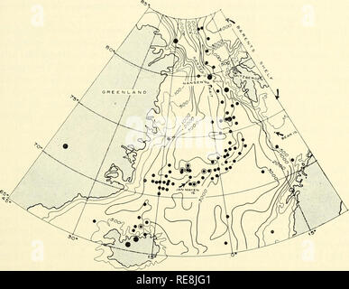 . La terre sous la mer : l'histoire. Fond de l'océan ; géophysique marine. SECT. 2] THK Min-OCEANIC RIDGE 401. Fig. 11. KartlKniako épicentres de la mer de Norvège, 1905-56. Tracé f"rf)ni de compilation (iiitenberg et Richter (1954) et l'épicentre cartes de la United States Coast and Geodetic Survey. (Après Heezen et Ewing, 1961.) 7. Bassin de l'Arctique entre le Spitzberg et le Groenland, le bassin de la mer de Norvège se rétrécit à moins de 200 milles à partir de la durée de pause pour la durée de pause. Cette zone a été considérée comme le seuil de Nansen, car elle marque le seuil pour les masses d'eau coulant entre Banque D'Images