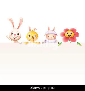 Easter Bunny caractères moutons et de poulet sur le dessus de fleurs - panneau isolé sur fond blanc Illustration de Vecteur