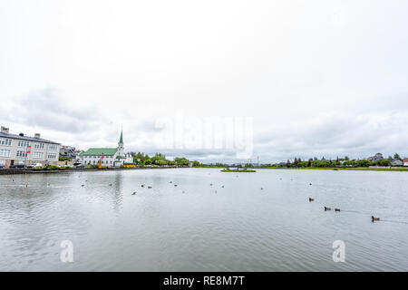 Reykjavik, Islande - 19 juin 2018 : lac Tjornin ou Reykjavikurtjorn au centre-ville de capitale avec cityscape et beaucoup d'oiseaux Natation Banque D'Images