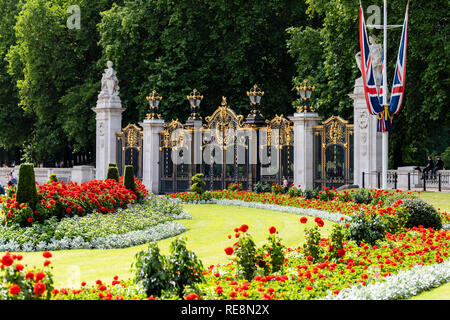 Londres, Royaume-Uni - 21 juin 2018 : le palais de Buckingham clôture barrière drapeaux et de l'architecture au cours de l'été journée avec rose rouge fleur jardin paysagé Banque D'Images
