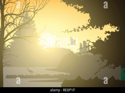 Illustration réaliste du paysage et avec des zones humides et des oiseaux en vol permanent et d'arbres. Soleil levant avec poutres en bois au matin ciel orange jaune - vector Illustration de Vecteur