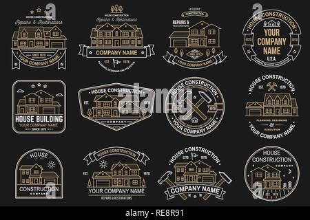 Jeu de construction d'une maison de banlieue avec l'identité de l'entreprise american house. Vector illustration. L'icône de la ligne mince, d'un insigne, signe de l'immobilier, du bâtiment et de la construction d'affaires reliés à la compagnie. Illustration de Vecteur