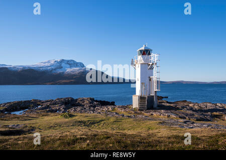 La Rhue phare près de Ullapool sur la côte ouest de l'Écosse de l'Atlantique, Wester Ross, Scotland, United Kingdom Banque D'Images