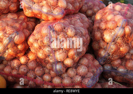 Bulbes, emballés dans de grands filets, allongé sur le marché et illuminé par le soleil. Au sud de l'Ukraine Banque D'Images