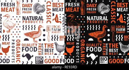 Vecteur typographiques sans boucherie. Représentation graphique d'oie, poule, canard, dinde, silhouette illustrations vintage dessinés à la main. La ferme de style rétro, bannner modèle. Peut être utiliser pour l'emballage et le menu. Illustration de Vecteur
