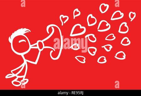 Stick man making coeurs avec une trompette  contour blanc - fond rouge par jziprian Illustration de Vecteur