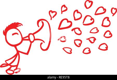 Stick man making coeurs avec une trompette  contour rouge par jziprian Illustration de Vecteur