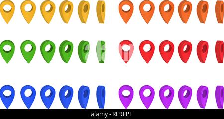 Marque du pointeur sur la carte icône isométrique. La carte 3d de navigation les axes. L'emplacement de l'ensemble des pointeurs de couleur Illustration de Vecteur