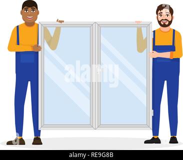 Les travailleurs de la construction en salopette tenir une fenêtre, installer une fenêtre en plastique, télévision caractères vector illustration Illustration de Vecteur