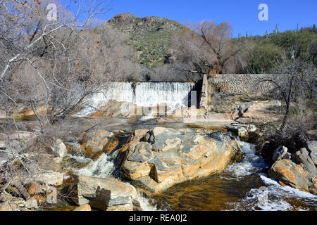 La montagne l'eau de ruissellement s'écoule vers le Canyon Sabino barrage dans le désert couvert de cactus dans le Sabino Canyon Recreation Area près de Tucson, AZ Banque D'Images