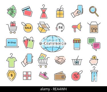 Color Line Ecommerce icônes. Ensemble d'illustration vectorielle pour le magasinage en ligne et la vente au détail Illustration de Vecteur