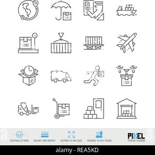 L'icône de la ligne du vecteur défini. Livraison de marchandises d'icônes. linéaire connexes Livraison du fret de symboles, pictogrammes, signes Illustration de Vecteur