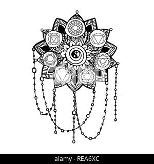 Style Doodle art monochrome noir les chakras yoga lotus avec pictogramme. Vector illustration pour la conception, l'impression du modèle de page de coloriage adultes Illustration de Vecteur