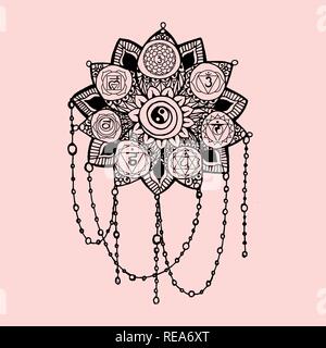 Doodle Style : Noir et rose art ligne lotus avec yoga chakras pictogramme et hiéroglyphe.Vector illustration pour la conception d'impression Illustration de Vecteur