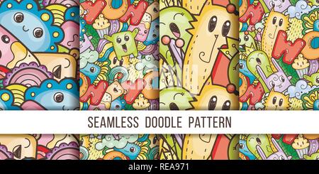 Une collection de motifs vectoriels avec cute cartoon monstres et bêtes. Bien pour l'emballage, papier d'emballage, des pages à colorier, papier peint, tissu, f Illustration de Vecteur