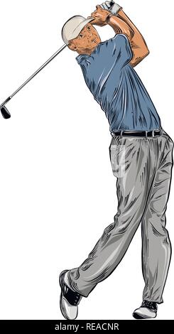 Croquis dessinés à la main de couleur en golfeur isolé sur fond blanc. Dessin de style vintage détaillées. Vector illustration Illustration de Vecteur