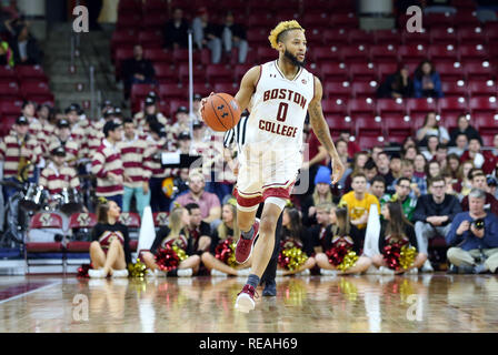 Conte Forum. 20 Jan, 2019. MA, USA, Boston College Eagles guard Ky Bowman (0) avec la balle pendant le jeu de basket-ball de NCAA entre Florida State Seminoles et Boston College Eagles à Conte Forum. Boston College a gagné 87-82. Anthony Nesmith/CSM/Alamy Live News Banque D'Images