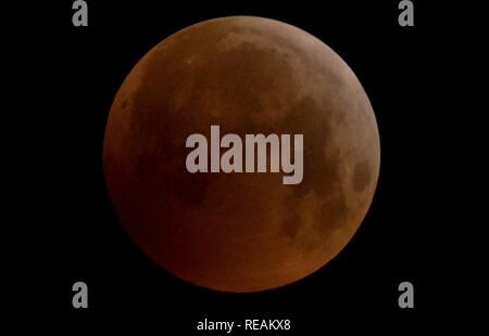 21 janvier 2019, Hessen, Frankfurt/Main : Comme un rouge, soi-disant 'blood moon' la pleine lune se présente plus de Francfort, bien qu'il pas dans l'ombre de la terre éclairée par le soleil. L'ombre de la core couvre la surface visible de la lune. La lune, le soleil et la terre sont en ligne. Photo : Boris Roessler/dpa dpa : Crédit photo alliance/Alamy Live News Banque D'Images