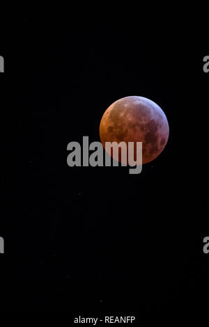 La première éclipse lunaire de l'année a eu lieu. Ce phénomène porte le nom de Super Lune Rouge ou Loup Lune de sang. Portugal regarda l'année est qu'éclipse lunaire totale à l'aube du dimanche au lundi. Banque D'Images