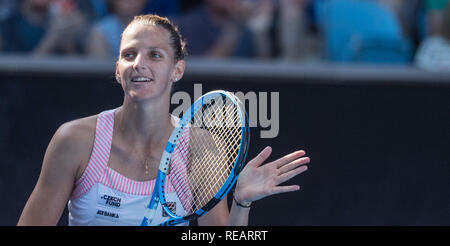 Melbourne, Australie. 21 Jan, 2019. Karolina Pliskova de la République tchèque célèbre après le féminin 4ème match contre Garbine Muguruza d'Espagne à l'Open d'Australie 2019 à Melbourne, Australie, le 21 janvier 2019. Karolina Pliskova a gagné 2-0. Credit : Hu Jingchen/Xinhua/Alamy Live News Banque D'Images