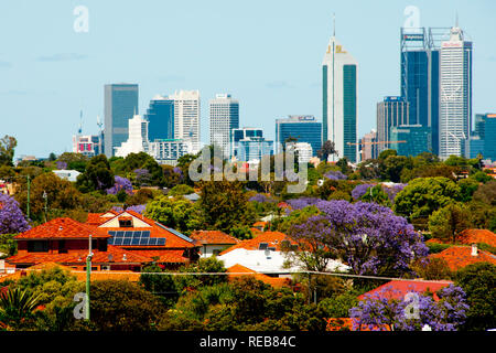 PERTH, AUSTRALIE - Novembre 26, 2018 : la ville de Perth skyline avec fleurs d'arbres Jacaranda Banque D'Images