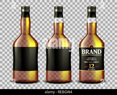 Ensemble de whisky, de rhum, de bourbon ou de cognac le flacon en verre avec de l'alcool et sans. Les bouteilles de verre transparent dans un style réaliste. Vector illustration 3d Illustration de Vecteur