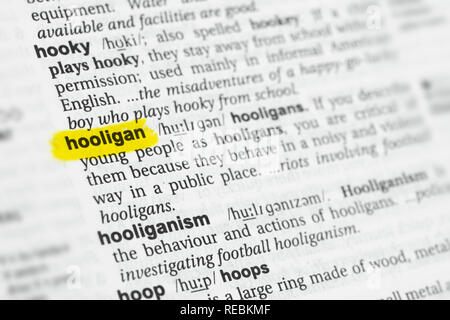Mis en lumière mot anglais "hooligan" et sa définition dans le dictionnaire. Banque D'Images