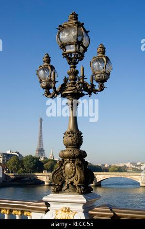 Le Pont Alexandre III, pont Alexandre III, vue sur la Seine et la Tour Eiffel, Paris, France, Europe Banque D'Images