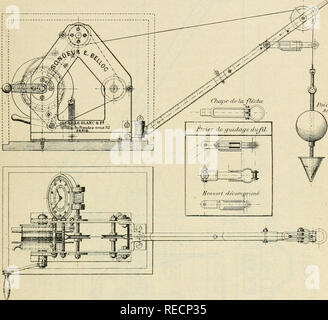 . Compte rendu. La science ; la science -- Congrès. EMILE BELLOC. SONDEURS PORTATIFS Â" E. BELLOC Â". 171 opÃ©rer qu'Ã de trà¨s faibles profondeurs. La flÃ¨che dÃ©montable et son galet de roulement ont Ã©tÃ© conservÃ©es. Ainsi rÃ©duit au strict nÃ©cessaire, ce petit appareil pôle se¨Ã peine 4^'''. Poids de sonde Kig. 6. Un Pelil â"^ 1 sondeur. Hclloc â ) ( lype n" 1 ) (poids '^^''). Avec les divers accessoires et la boite lui servant de support pendant la manÅuvre, et de caisse d'emballage durant le transport, son poids total ne dÃ©passe pas 5"^ :-, 8oo, y compris la sonde qui entre dans ce poid Banque D'Images