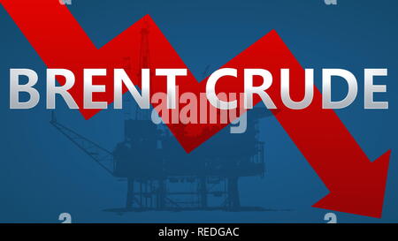 Le prix du Brent est en baisse. Un zig-zag rouge flèche avec une plate-forme pétrolière derrière le mot Brant sur fond bleu montre vers le bas,... Banque D'Images